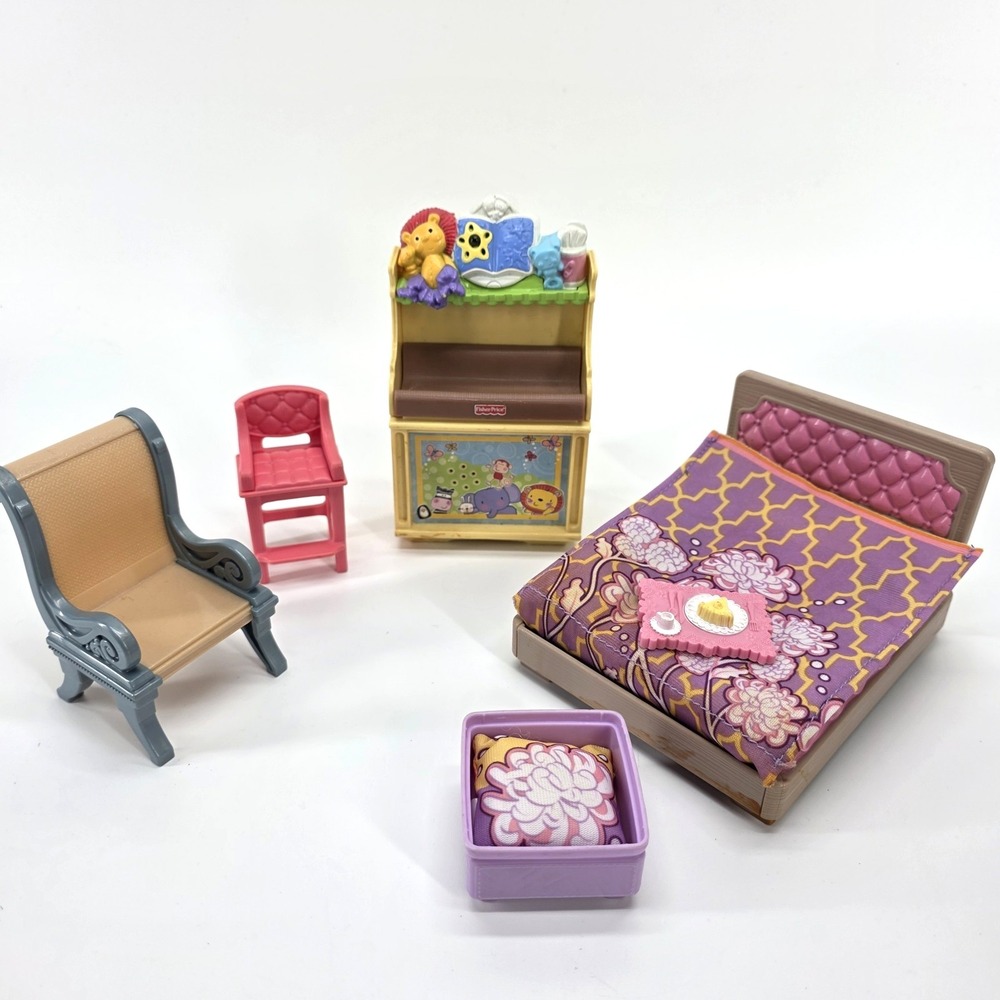 VIDEO Lot Fisher Price Loving Family Doll Furniture Bed Chair Tray Baby Changing